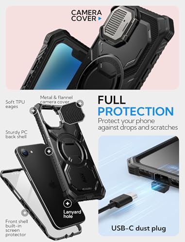 i-Blason for iPhone 16e / iPhone 17e Case MagSafe with Stand, Black | Built-in Screen Protector, Fit for MagSafe, Adjustable Camera Cover Stand, Full-Body Protection, Military - color: Black