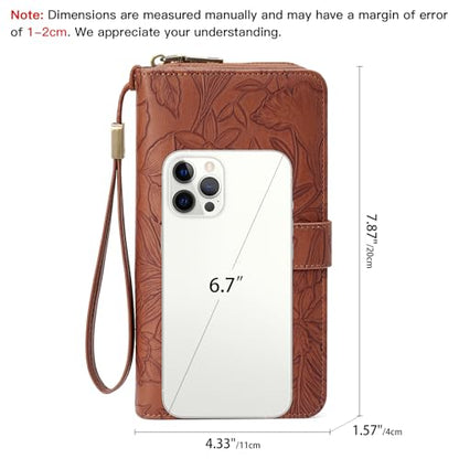 SENDEFN Women's Credit Card Holder RFID Blocking Zip Around Leather Wallet Large Capacity Long Purse with Wristlet - color: Brown