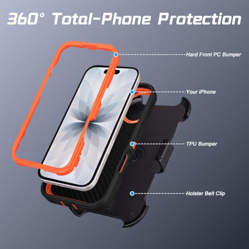 Defender for Phone Case iPhone 17 Case with Belt Clip Holster Black Orange | Heavy Duty Rugged Protective Phone Case, Dual Layer Shockproof Cover - color: Black-Orange