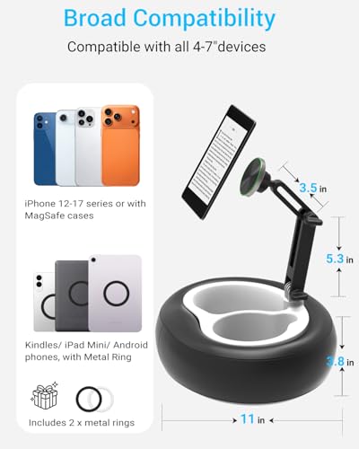 Magnetic Cell Phone Leather Pillow Stand, 【Stain-Resistant】 Kindle Pillow Holder with 2 Snack Bowl, Adjustable Smartphone Holder for Lap/Bed/Sofa, Fit 4-7" iPhone, Kindle, E-Reader, iPad mini