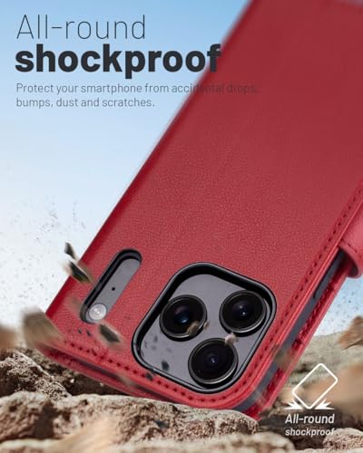 OCASE Compatible with iPhone 17 Pro Wallet Case, PU Leather Flip Folio Case with Card Holders RFID Blocking Kickstand [Shockproof TPU Inner Shell] Phone Cover 6.3 Inch 2025, Dark Red - color: Dark Red