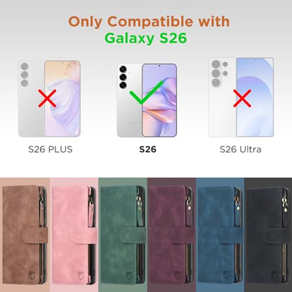 for Samsung Galaxy S26-Wallet Case: with RFID Blocking Card Slots (6 Cards) | Soft PU Leather Magnetic Snap Zipper Pocket | Crossbody Wrist Strap Protective Phone Cover - Brown - color: A Brown, size: Galaxy S26（6.3‘’）