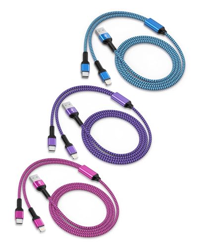 3Pack-4FT Apple & Android USB to Lightning USB-C 2-in-1 Fast Charger Cable - color: 3Pack 2 in 1 Cable
