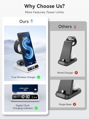 Wireless Charger for Samsung S25 with Clock 3 in 1 Android Charging Station - color: White