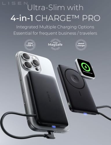 LISEN 0.5'' Ultra Slim MagSafe Power Bank for iPhone and Apple Watch,10000mAh MagSafe Battery Pack,Alloy Magnetic Portable Charger for iPhone 16 Pro Max Plus/15, Apple Watch S11 /S10 S9 SE，Black - color: Dark Black