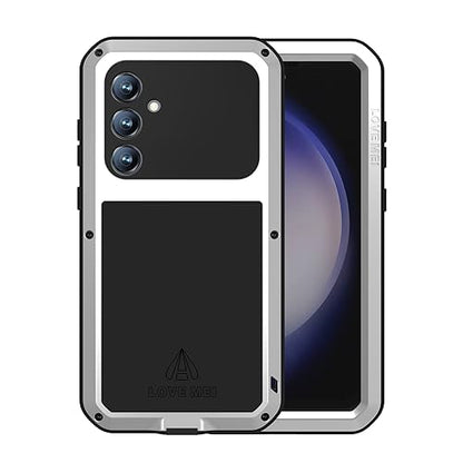 LOVE MEI Military Rugged Case for Samsung Galaxy S23 Fe, with Tempered Glass Screen Protector, Shockproof Dustproof Scratch Proof Hybrid Metal and Silicone Gel Heavy Duty Full Body Cover Silver - color: Silver