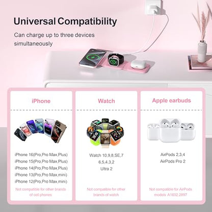 3 in 1 Charging Station for Multple Devices,Foldable 3 in 1 Wireless Charger for Travel,Nano Wireless Charging Station for iPhone16 15 14 13 12 Pro Max/Watch 10 9 8 7 6 5 4 3 Ultra/AirPod Pro - color: Pink