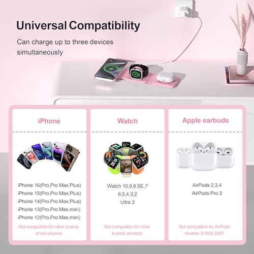 3 in 1 Charging Station for Multple Devices,Foldable 3 in 1 Wireless Charger for Travel,Nano Wireless Charging Station for iPhone16 15 14 13 12 Pro Max/Watch 10 9 8 7 6 5 4 3 Ultra/AirPod Pro - color: Pink