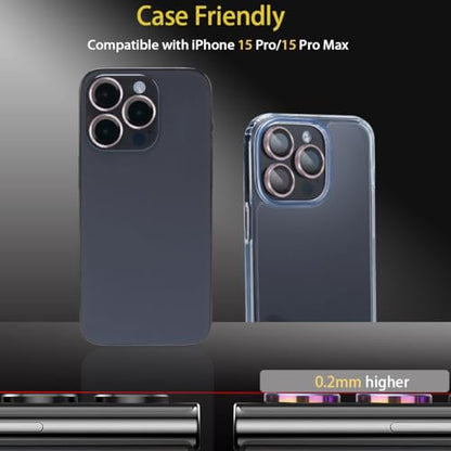 Tempered Glass Camera Lens Protector (3-Pack), 9H Hardness, Aluminum Alloy Ring, Fits iPhone 15 Pro & Pro Max (Pink) - color: Pink