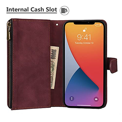 iCoverCase Compatible with iPhone 13 Wallet Phone Case with Card Holder, PU Leather Zipper Pocket Magnetic Detachable Flip Case with Wrist Strap (Claret) - color: Detachable--Claret