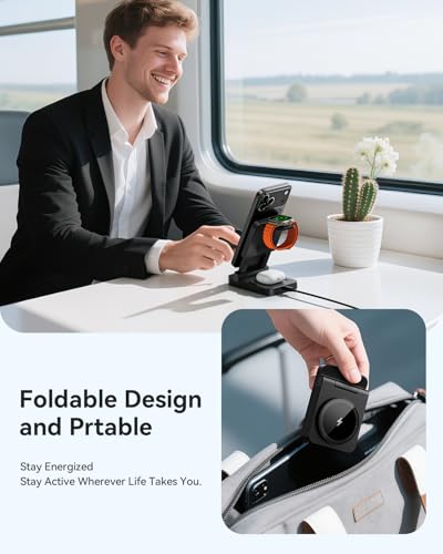 3-in-1 Foldable & Retractable Magnetic Wireless Charger, 15W Fast Charging Station, Portable Fast Charging Stand, Charging for iPhone 17/16/15/14/13/12, Apple Watch, AirPods (Black) - color: Black