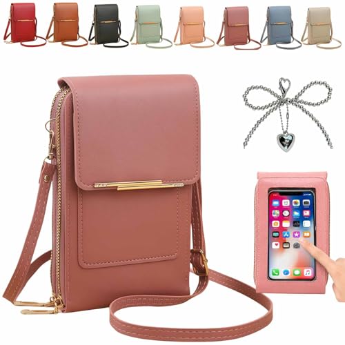 Anti-theft leather bag, Women's Touch Screen Mobile Phone Messenger bag, RFID Block Mobile Phone Purse - color: Dusty Pink