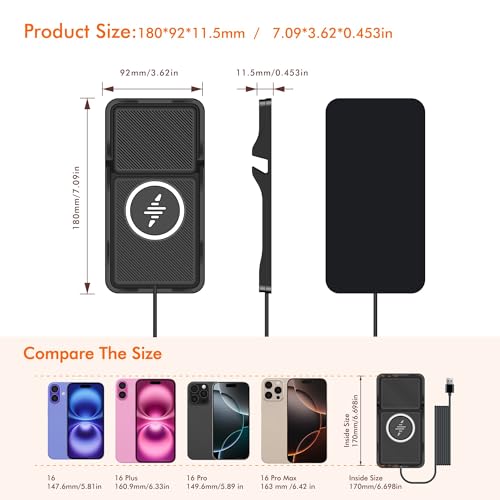 Wireless Car Charger Pad for iPhone 17/16/15/14/13/12 & Samsung, Non Slip Fast Wireless Charging Pad for Car Dashboard Console, Portable USB A Phone Charger for Vehicle SUV Truck Travel
