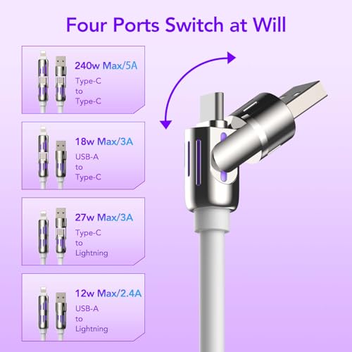 MFish 240W 4-in-1 Fast Charging Cable, White, 6.6FT - color: White, size: 6.6FT
