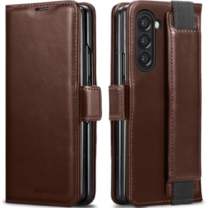 KEZiHOME Genuine Leather Wallet Case for Samsung Galaxy Z Fold 6 Brown - color: Brown, size: Galaxy Z Fold 6 Case