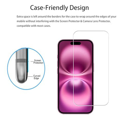 Screen Protector For iPhone 16 Plus Tempered Glass 2-Pack Camera Lens Protector Film 2-Pack With Easy Alignment Tool