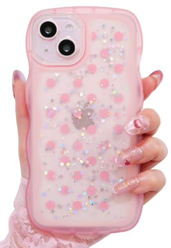 Glitter case for iPhone 13/14 Polka dots Pink | Bling Sparkle Glitter，Polka dots，Full Protection Soft TPU，Kawaii Cute Phone Case for Women Girls - color: Polka Dots Pink