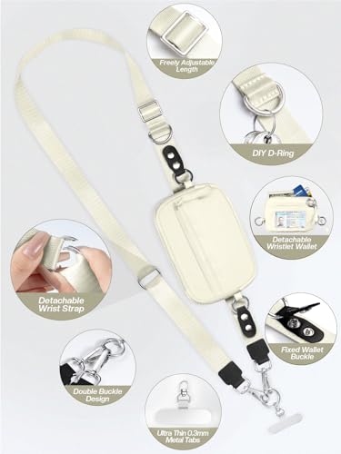 Tiostep Clip and Go Strap for Phone with Wallet Crossbody Phone Lanyard Adjustable and Detachable RFID Wristlet Wallet (Beige, Medium) - color: Beige, size: Medium