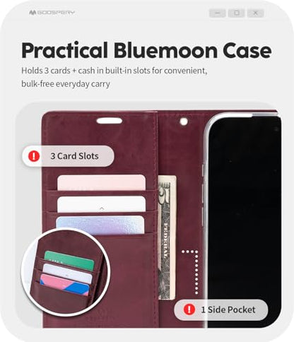 GOOSPERY Bluemoon Folio Wallet Case for iPhone 17, Flip Cover with Card Holder, Kickstand, Magnetic Closure, Shockproof TPU + PU Leather - Wine - color: Wine, size: iPhone 17