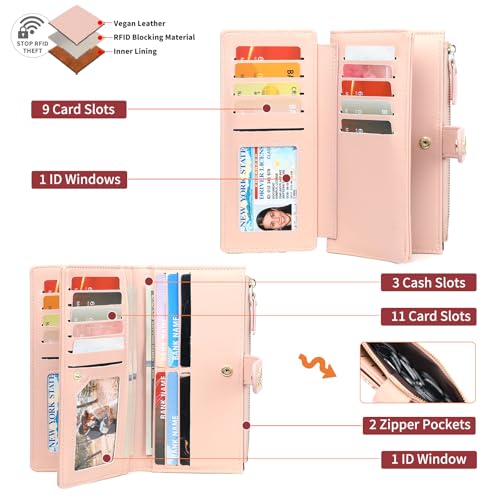 GAEKEAO Womens Wallet RFID Blocking Trifold Large Capacity Ladies Vegan Leather Wallet Floral Multi Card Holder Organizer - color: Y05-Pink