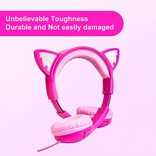 Olyre Kids Wired Headphones with Mic, LED Cat Ears Headset, Dual Audio Jack - color: Rose Red