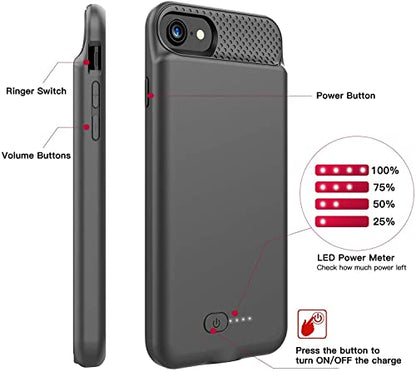 BOPPS Battery Case for iPhone 8/7/6s/6/SE(2022/2020), Ultra Slim Powerful 6000mAh Charging Case 360°Protection Rechargeable Extended Battery Charger Cases for iPhone 8/7/6s/6/SE(3rd and 2nd gen)