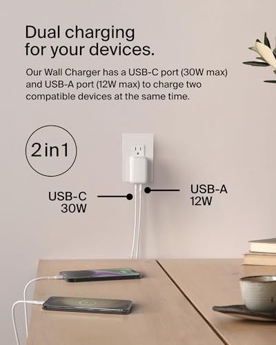 Belkin 42W USB C and USB A Charger Block, USB C to C Cable Included - style: Includes C-C Cable