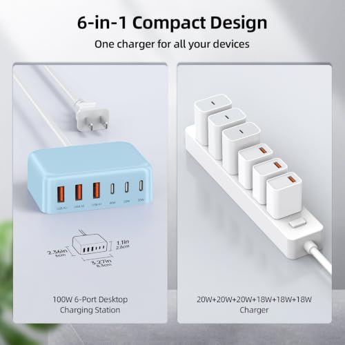 100W 6 in 1 USB Charger, 50% Smaller Charging Station for Multiple Devices - color: Light Blue