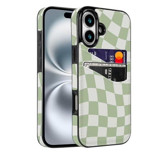 Compatible with iPhone 17 Case Soft Shockproof Card Holder | 2 Card Holder,Cute Green Checkerboard Cover 6.3 inch for Girls Women - color: Green Checkerboard, size: iPhone 17 6.3 inch