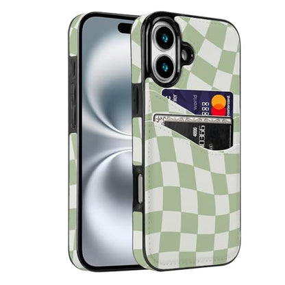 Compatible with iPhone 17 Case Soft Shockproof Card Holder | 2 Card Holder,Cute Green Checkerboard Cover 6.3 inch for Girls Women - color: Green Checkerboard, size: iPhone 17 6.3 inch