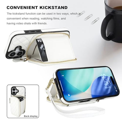 Bocasal Crossbody Wallet Case Card Holder for iPhone 17, White | RFID Blocking PU Leather Zipper Handbag Purse, Kickstand Flip Folio Case with Card Slots Holder Wrist Strap Lanyard 6.3 Inch - color: White