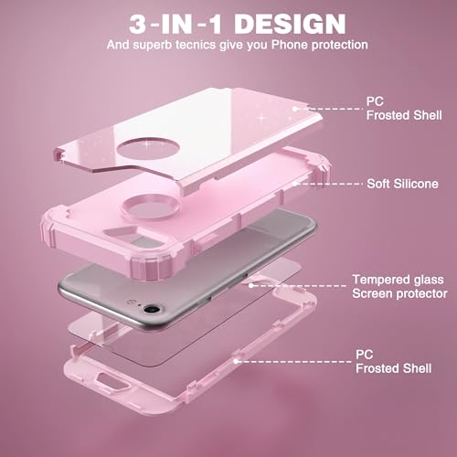 IDweel for iPhone 8 Case & for iPhone 7 Case with Screen Protector(Tempered Glass),3 in 1 Shockproof Hybrid Heavy Duty Hard PC Cover Soft Silicone Sturdy Bumper Full Body Sturdy Case,Glitter Pink - color: Glitter Pink