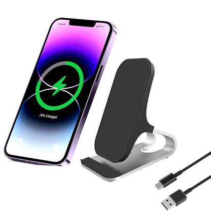 15W Wireless Charging Stand, Aluminum Alloy Anti-Slip, 6-Fold Safety Protection, Charging with Case(Black+Silver)