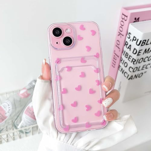 NITITOP Compatible with iPhone 15 Case Clear with Card Holder Cute Pink Love Heart Pattern Design Design Soft TPU Shock-Absorbing Wallet Case Protective Cover - Pink - color: Pink, size: iPhone 15