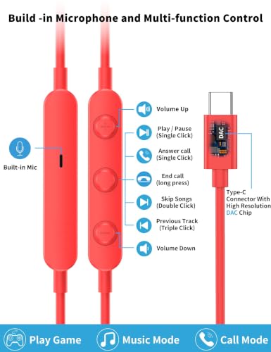 USB C Headphone for Samsung S26 S25 FE S24 A16 A17 Z Wired Earbuds Magnetic - color: Red