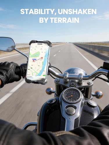 tounee Motorcycle Phone Holder Mount -Dual Vibration Dampener, Tool-Free Bike Phone Holder Handlebar Clip & Secure Lock for iPhone 16/15 Pro Max, 4.7-6.7" Phones - Black