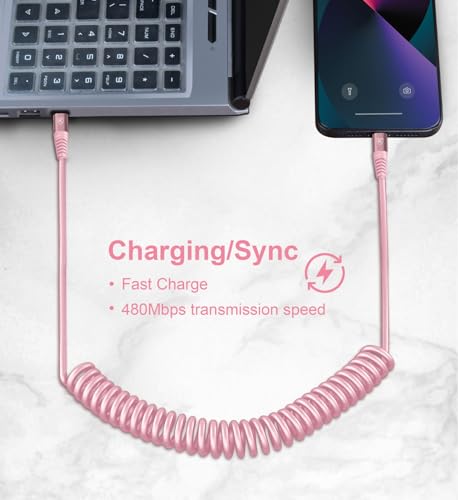 USB C to Lightning Cable 3FT for Car, Coiled iPhone Charger Fast Charging - color: Pink, size: 3FT, style: Usb C to Lightning