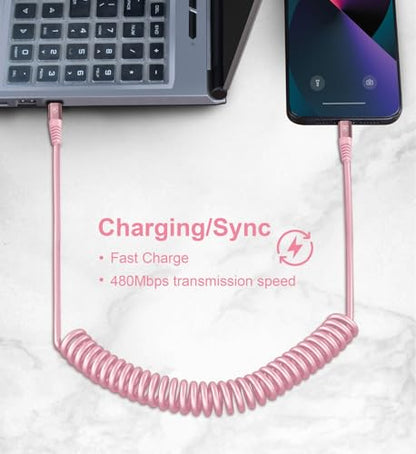 USB C to Lightning Cable 3FT for Car, Coiled iPhone Charger Fast Charging - color: Pink, size: 3FT, style: Usb C to Lightning