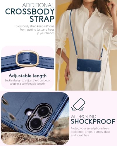 OCASE for iPhone 16 Wallet Case, PU Leather Crossbody Phone Case with Removable Shoulder Strap, Kickstand, RFID Blocking Card Slots, Flip Folio Phone Cover 6.1 Inch 2024, Blue - color: Blue, size: iPhone 16
