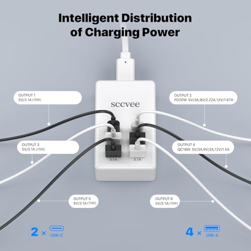 USB C Charger, 55W 6-Port USB Charger Holder Multi-USB Charging Station Desktop Multi-Port USB Charger 2-USB C +4-USB A Compatible with iPhone/Google/Xiaomi/Oppo/Tablet etc. - color: 55W 6-Port