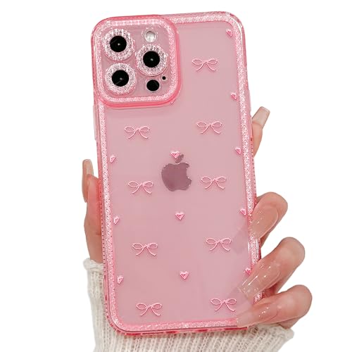 NITITOP Compatible with iPhone 13 Pro Max Case Cute Clear Pink Glitter Bow Knot Design Shiny Star Sparkle Bling Diamond Girls Women Soft TPU Shockproof Protective Phone Cover - Little Bow Heart - color: Little Bow Heart, size: iPhone 13 Pro Max