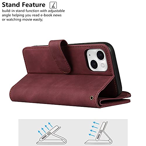 iCoverCase Compatible with iPhone 13 Wallet Phone Case with Card Holder, PU Leather Zipper Pocket Magnetic Detachable Flip Case with Wrist Strap (Claret) - color: Detachable--Claret