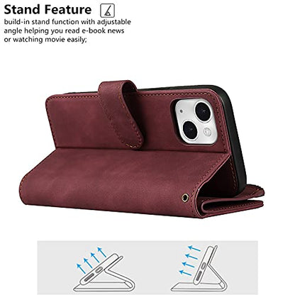 iCoverCase Compatible with iPhone 13 Wallet Phone Case with Card Holder, PU Leather Zipper Pocket Magnetic Detachable Flip Case with Wrist Strap (Claret) - color: Detachable--Claret