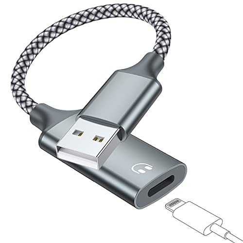 LecLooc USB A to Lightning Audio Adapter Cable USB 3.0 Male to Lightning Female HiFi Audio Headphones Converter Fit with USB A MacBook Computer PC Support Volume Control Mic Nylon Braided (Grey)