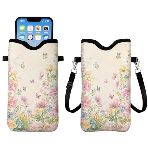 Floral Neoprene Cell Phone Sleeve Pouch Case Bag for Women, Lightweight Sleeve with Crossbody Strap Neck Lanyard, Flower Cell Phone Bag Gifts for Christmas Birthday 7.1 X 3.9 inch - color: Floral1