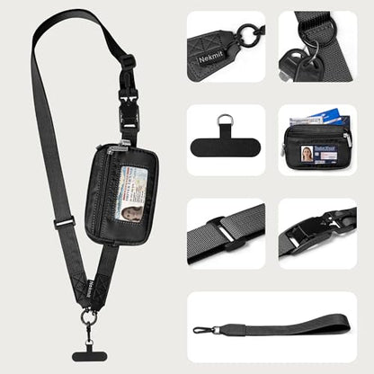 Nekmit Clip and Go Strap for Phone with Wallet Crossbody, Adjustable Phone Lanyard with Detachable Zippered Pouch & Wristlet - color: Black