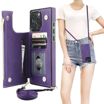 Bocasal Crossbody Wallet Case with Strap for iPhone 16 Pro Max, Purple | RFID Blocking Card Slot Holder, Magnetic Flip Folio Purse Case, PU Leather Zipper Handbag Detachable Lanyard Strap 6.9 Inch - color: Purple