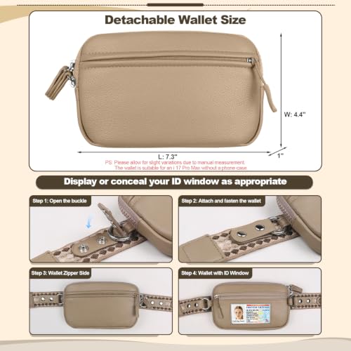 YFWE Clip and Go Phone Strap with Crossbody Wallet, Adjustable Phone Lanyard with Detachable RFID Wristlet Wallet, Anti-Theft Leather Purse with ID Window for Travel Essentials (Khaki) - color: Khaki