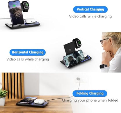 3 in 1 Wireless Charger Charging Station, Wireless Charger Stand for iPhone17 16e 16 15 14 Pro Max 13 12 11,Charging Dock for AirPods 4 3 2 Pro, Apple Watch 11/10/9/Ultra/8/SE/7/6/5/4/3