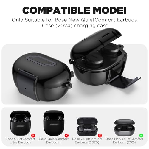 for Bose New QuietComfort Earbuds Case (2024), TPU Protective Cover with Phone Holder Stand & Double Safety Lock, Supports Wireless Charging, Includes Carabiner and Cleaning Pen (Black) - color: Black